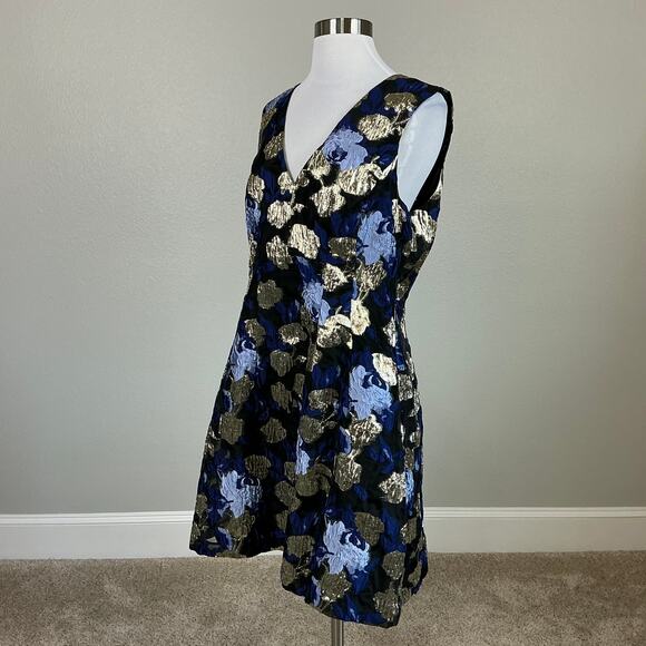 Badgley Mischka Metallic Floral Print A-Line Cocktail Dress Blue Multi Size 12 - Picture 5 of 13